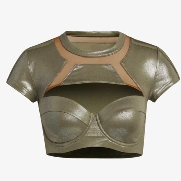 Adidas Ivy Park Metallic Green Brown Short Sleeve Cropped Bikini Swim Top - Picture 1 of 10